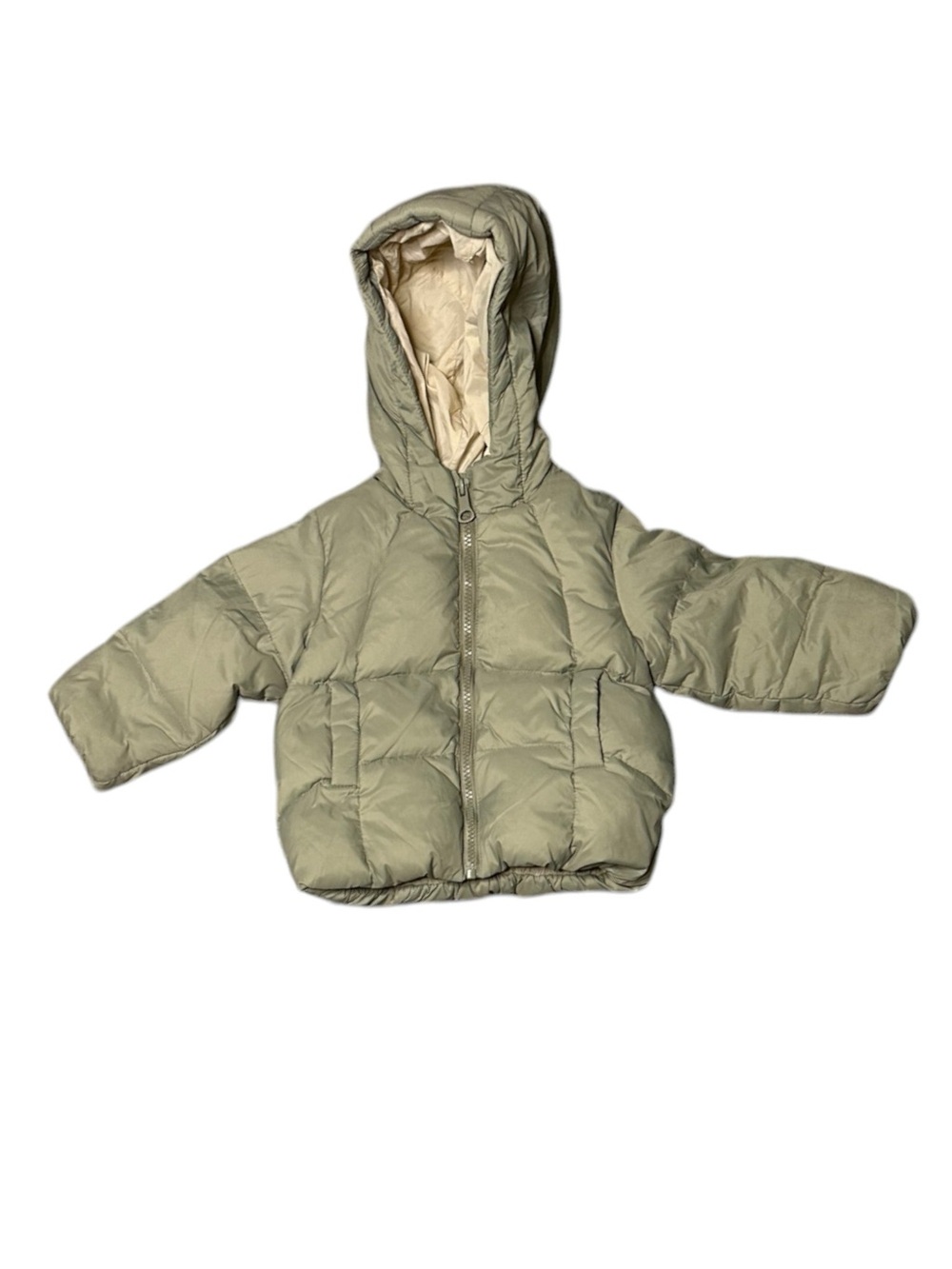 Zara Kids Hooded Puffer Jacket in Sage and Cream